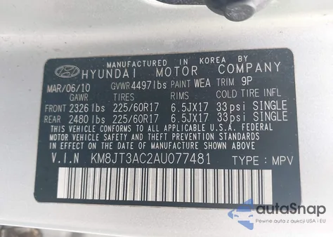 2010 Hyundai Tucson Gls z USA, uszkodzony, nr VIN KM8JT3AC2AU077481